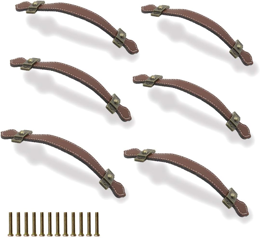 6pcs Surface Leather Furniture Handle, 7.6" Retro Style Leather Handle Pull Handle for Drawer/Cabinet/PU Suitcase - Brown