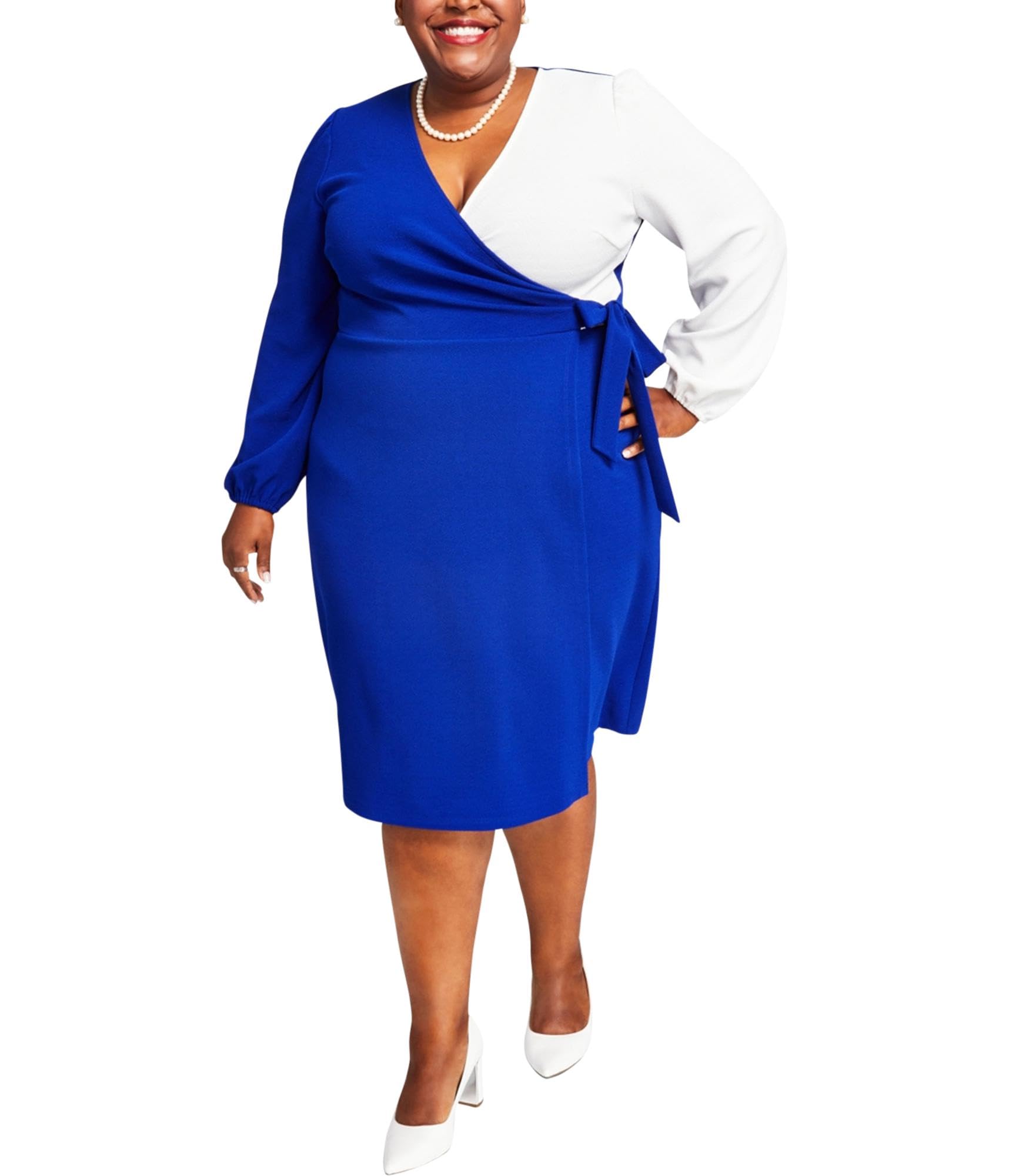 Kasper Womens Plus Size Colorblocked Side-Tie Dress Royal Blue White 2X