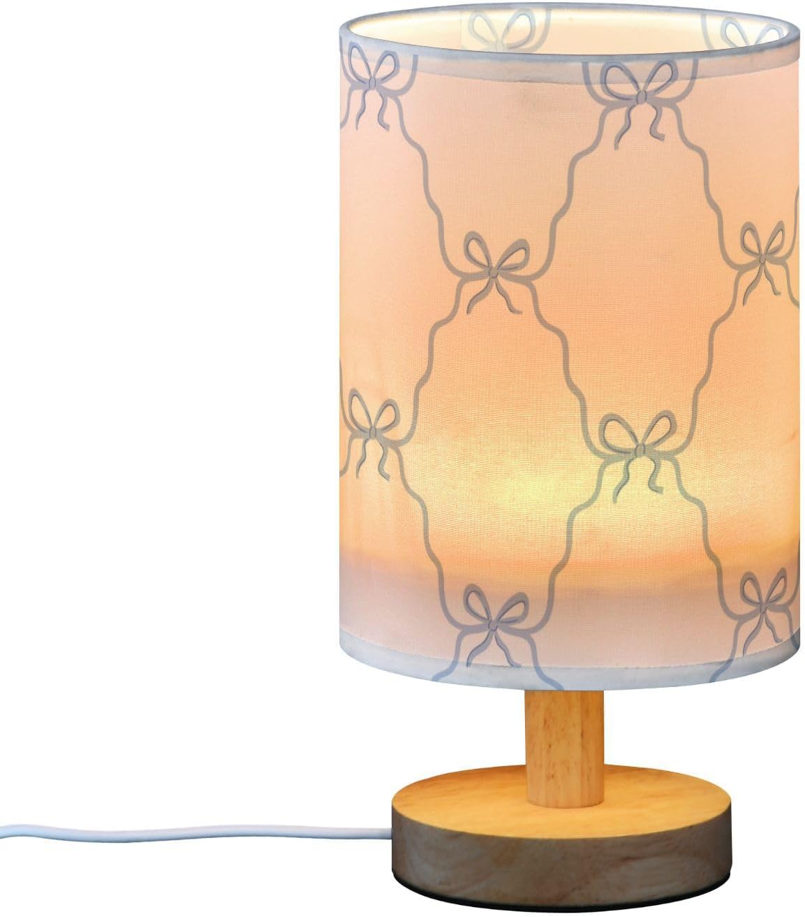 Blue Bows Bedside Table Lamp Nightstand Lamp with Wood Base Night Light Linen Fabric Shade for Bedroom Living Room Nursery Office Desk