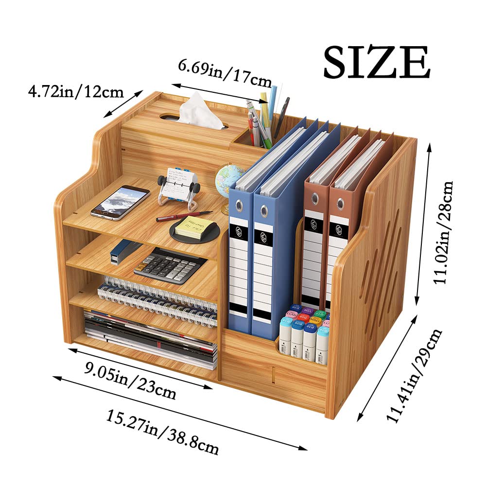 Hggzeg Organiseur de bureau en bois de grande capacité - Boîte de rangement pour fournitures de bureau - Boîte de rangement pour papiers A4, livres, documents et cahiers (JB07 - Bois de cerisier)