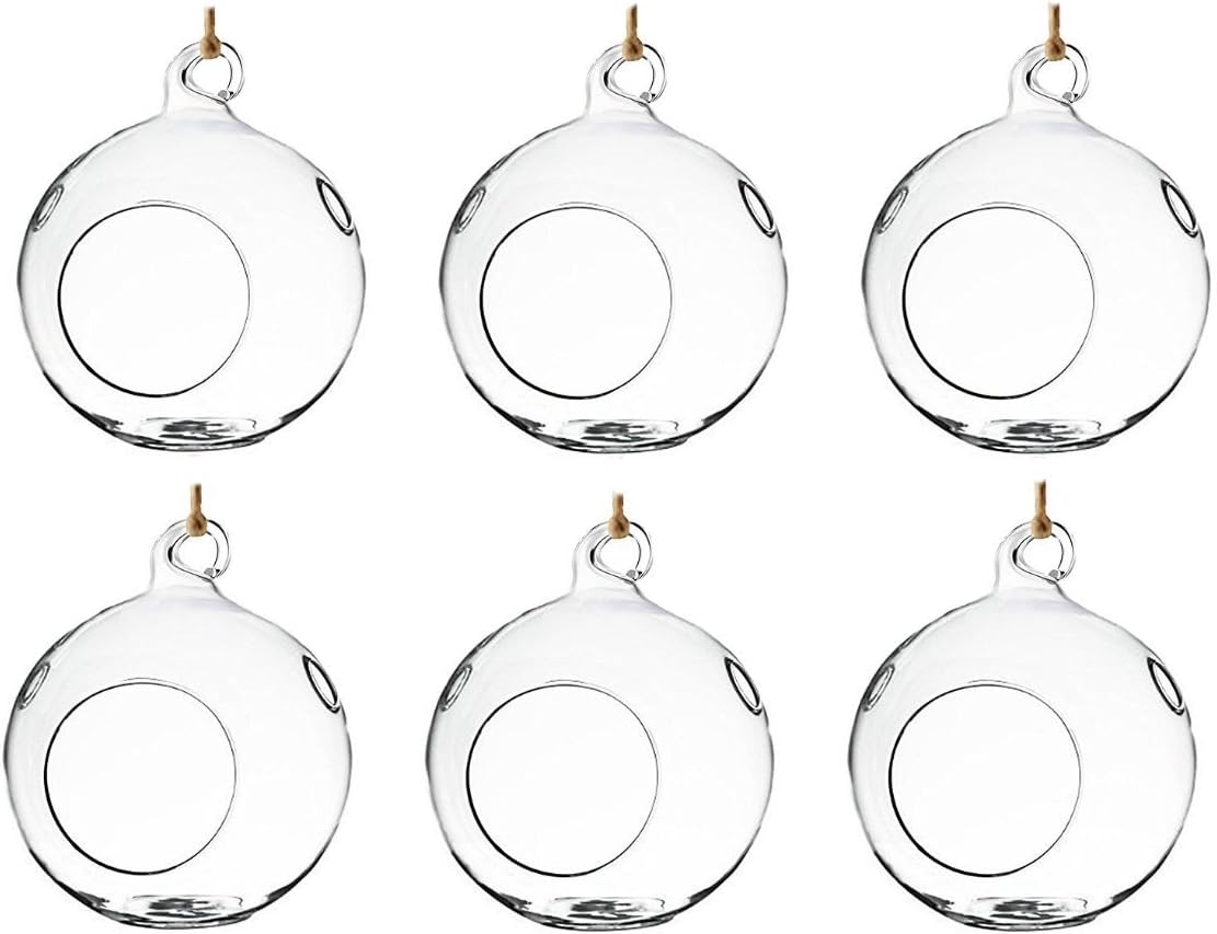 Set of 6 Hanging Glass Globe Plant Terrariums Orbs Air Plant Tea Light Candle Holders Succulents Moss Miniature Garden Indoor Home Decor Outdoor Garden DIY Design Gift 4 Inches by 4