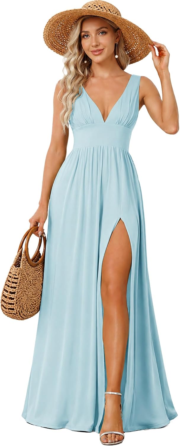 Ever-Pretty Women's Summer V-Neck Sleeveless Formal Wedding Guest Dress Side Slit Floor Length Bridesmaid Dresses 0168B