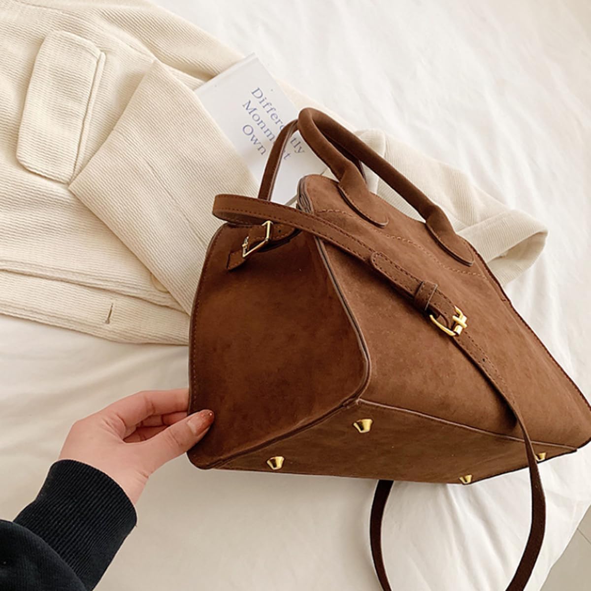 Women's Suede Purse Vintage Top Handle Bag,Large Capacity Suede Tote Bags,Adjustable Strap Daily Sling Bag - Image 2