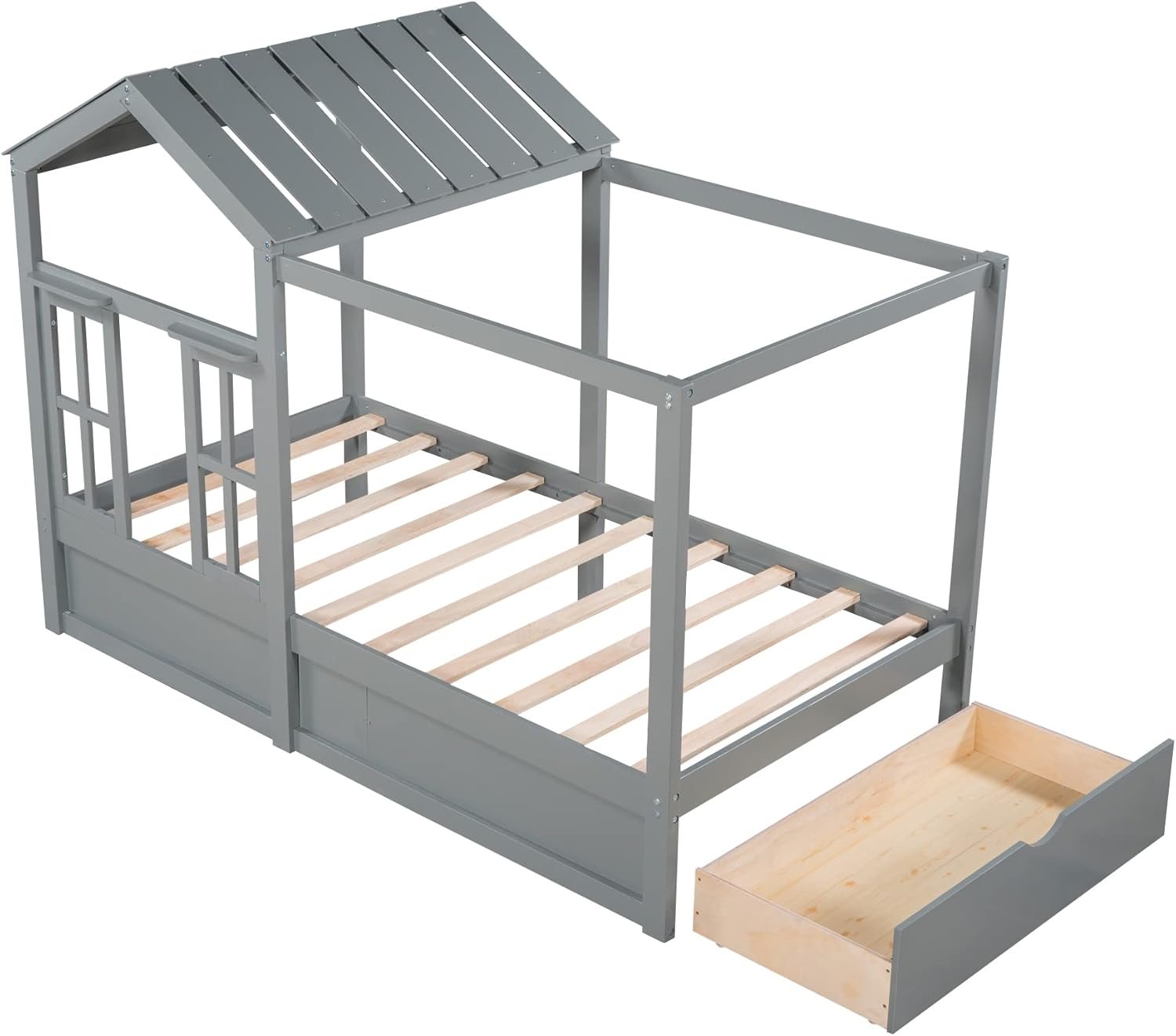 Twin Size House Bed with Drawer, Wood Twin Platform Bed Frame with Window and Roof, Kids Bed, Gray