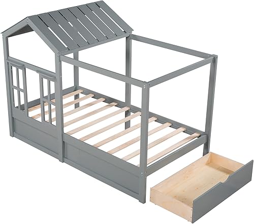 Miniatura 7 de DEINPPA Cama de casa de tamaño individual con cajón cama de plataforma con techo y ventana bonita cama Montessori para niños y niñas