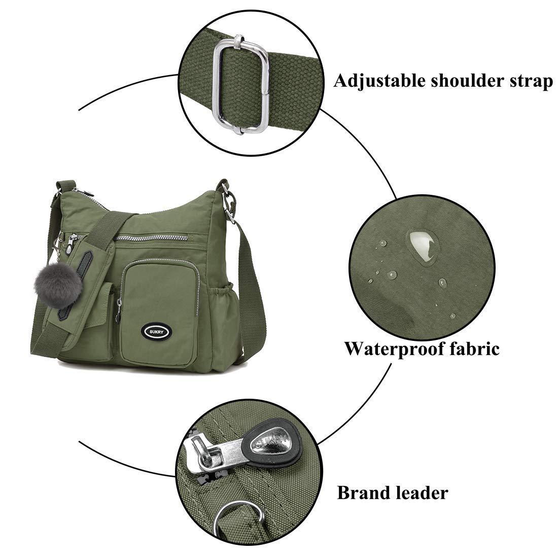 SUKRY Nylon Crossbody Bag for Women with Anti theft RFID Pocket, Waterproof Shoulder Bag Travel Purses and Handbag