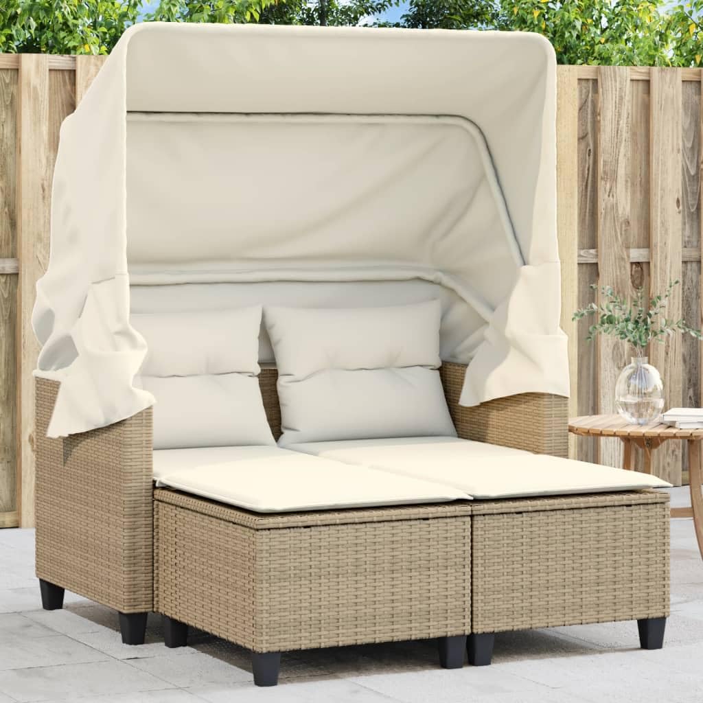 Canapé de Jardin 2 Places en résine tressée Beige avec auvent rétractable et 2 tabourets, Coussins Amovibles, mobilier d'extérieur pour terrasse Balcon Piscine Jardin Patio détente