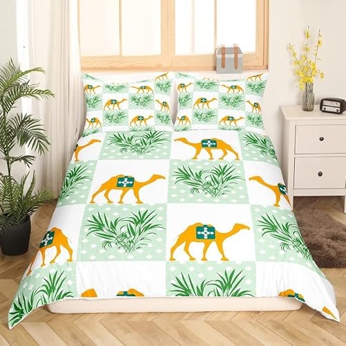 Camel Comforter Cover Patchwork Desert Animal Bedding Sets Buffalo Plaid Tropical Weed Plants Duvet Cover Set For Kids Boys Girls Green White Fresh Nature Rustic Bedspreads Cover 2 Pieces Twin Size #TOP1
