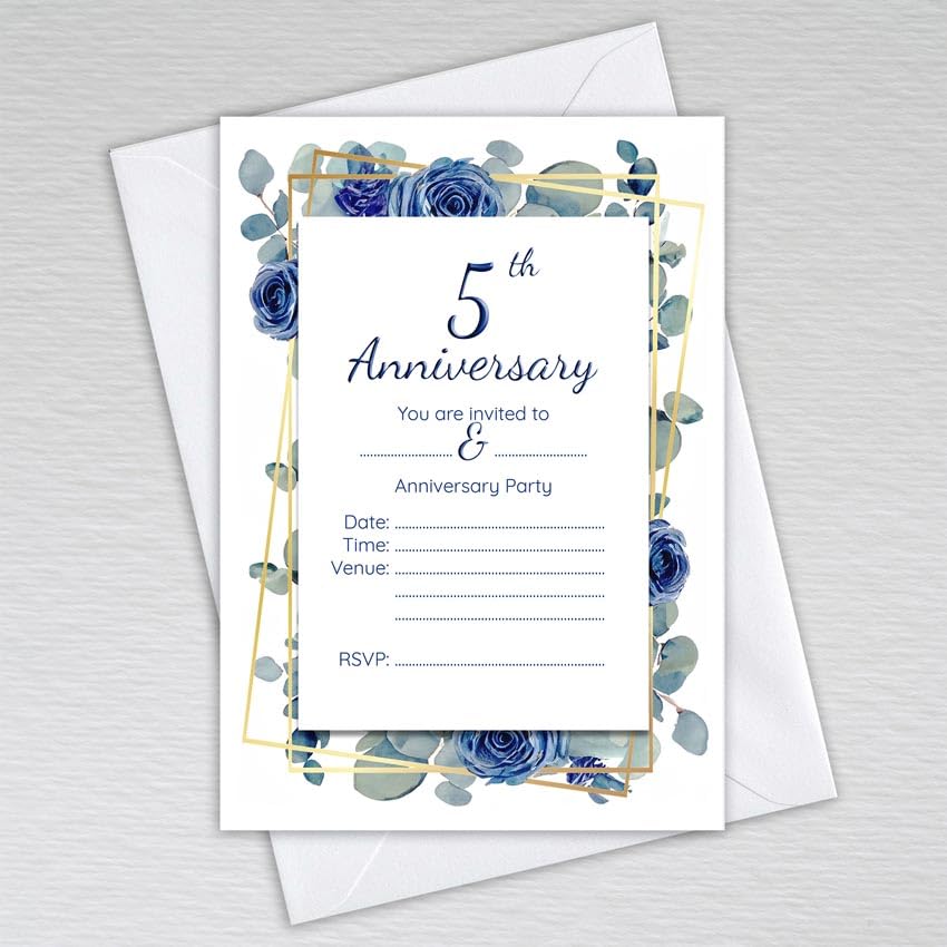 Webspectations Pack of 5th Wedding Anniversary Invitations with Envelopes: Navy Dusty Blue Eucalyptus 5th Anniversary Invites (Pack of 50 with Envelopes)