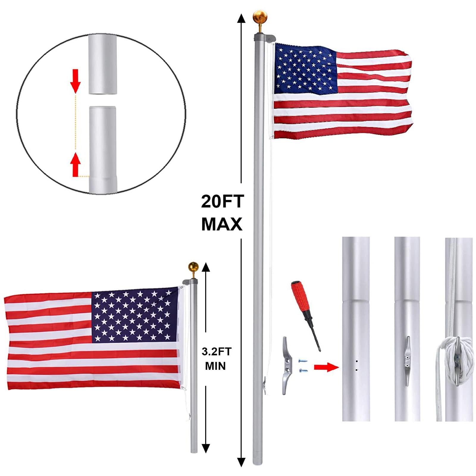 Klvied 20FT Sectional Flag Poles, Heavy Duty Aluminum Flag Pole Kit