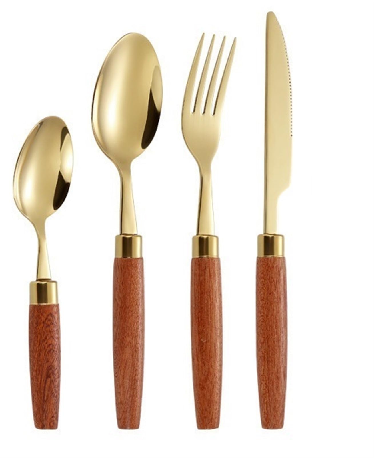 OLSKFUH Cutlery Flatware Cutlery Set, 4/16/24/32 Pieces 304 Stainless Steel Cutlery, Forks, Spoons, Wooden Handle Steak Cutlery, Simple Tableware Set,Gold-6Set-24Pcs