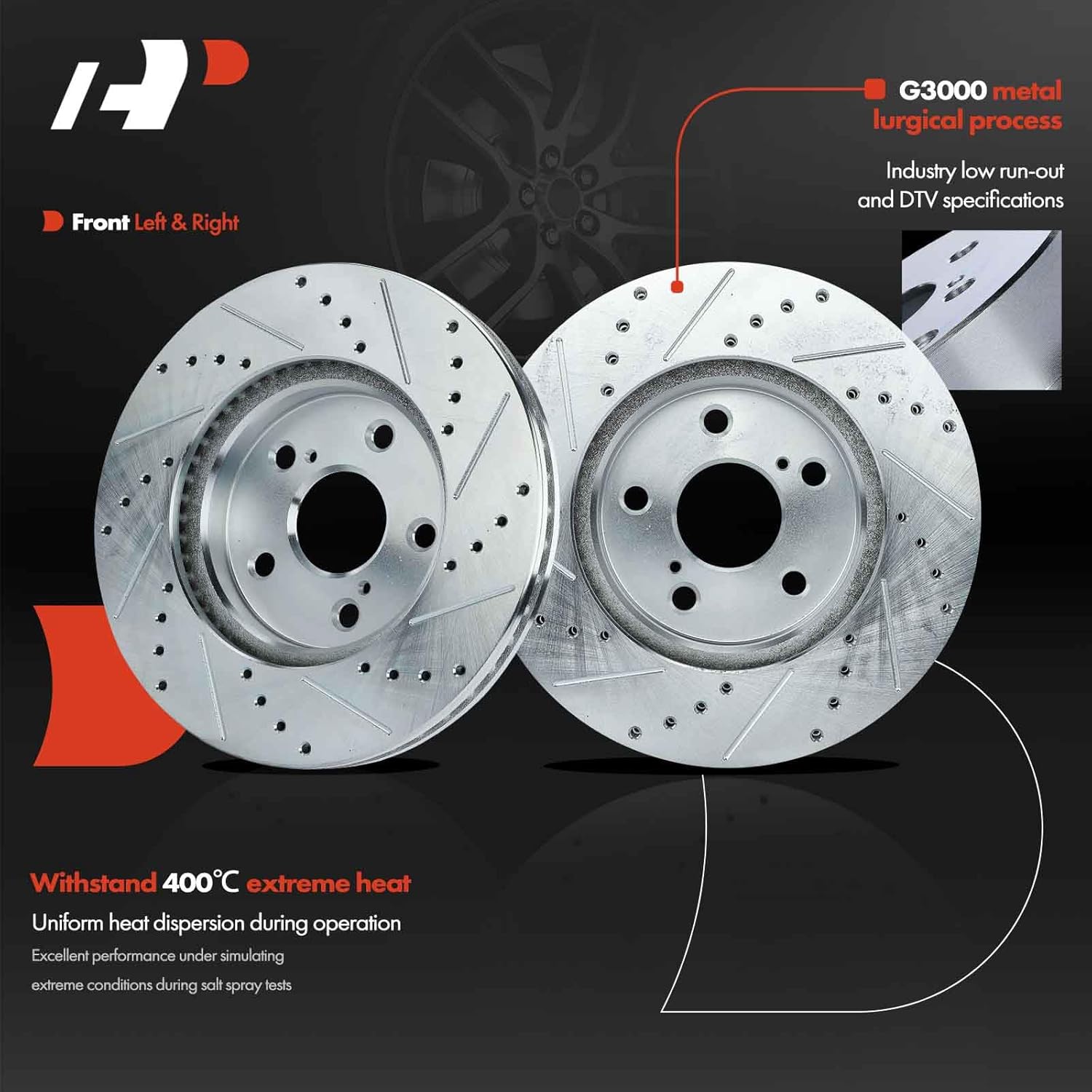 A-Premium 11.65 inch (296mm) Front Drilled and Slotted Disc Brake Rotors Compatible with Select Toyota and Lexus Models - Camry 2002-2006, Sienna 2004-2010, Solara 2004-2008, Avalon, ES300, IS250