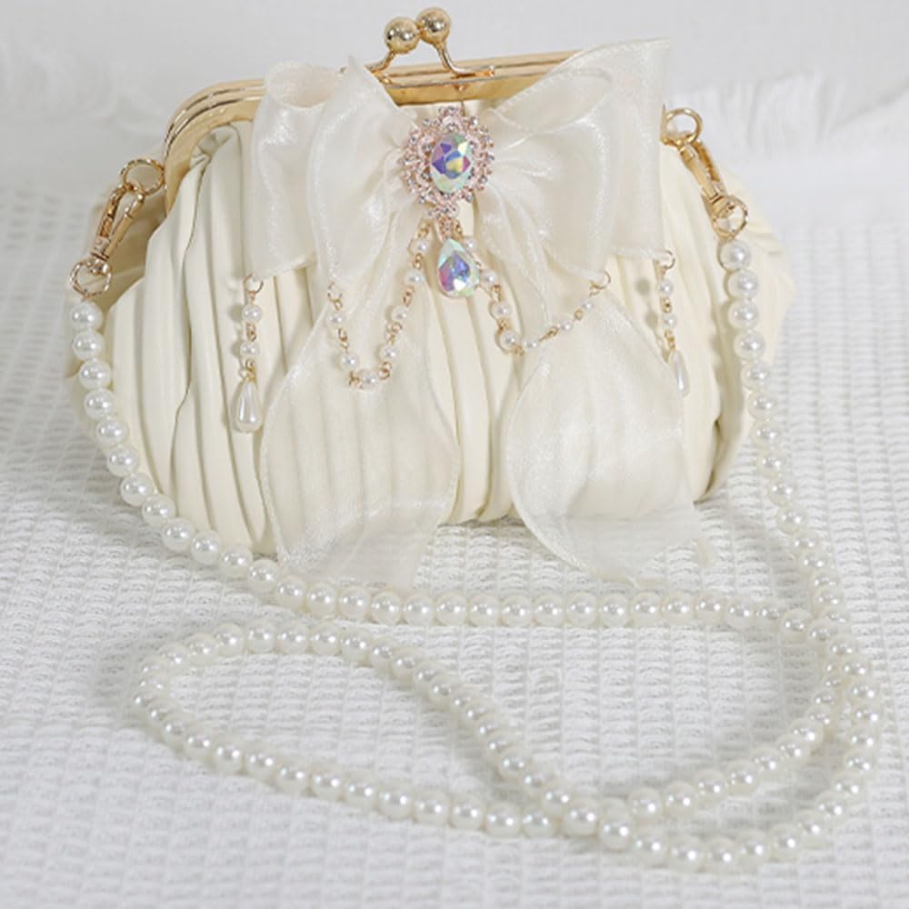 Vintage Kiss Lock Handbag Purse Crossbody Shoulder Bag Evening Bag Small Tote Purse with Bow Pearl Chain for Women