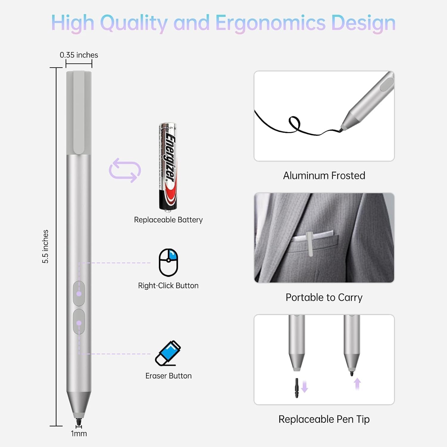Stylus Pen for Surface Pro 11/10/9/8/X, Surface Laptop/Book/Go/Studio, Kobo | Palm Rejection, 1024 Pressure, 2500H Battery Life Active Pencil for Student Note-Taking & Artist Business Drawing
