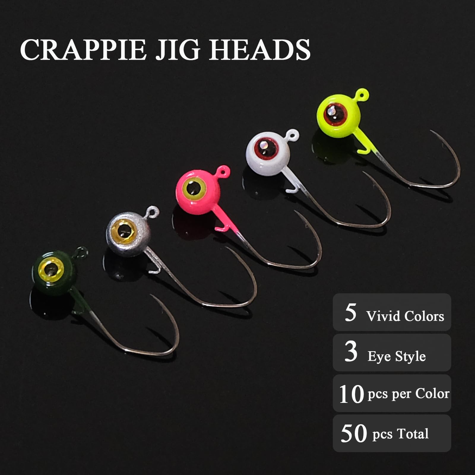 Crappie Jig Heads Kit, confezione da 45/50, 1/32 oz, 1/16 oz, 1/8 oz, 5 colori per pesca d'acqua dolce per spigola, glaucomi, panfish