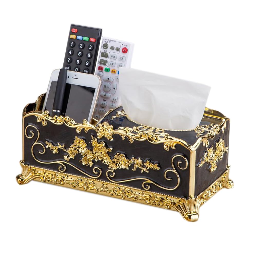 Qinqin Store Gold Black Creative Tissue Box Cover With Remote Control Storage Box Holder Organizer Decorative Paper Facial Tisue Box Holder (, 27×13×11Cm/10.63"×5.12"×4.33")
