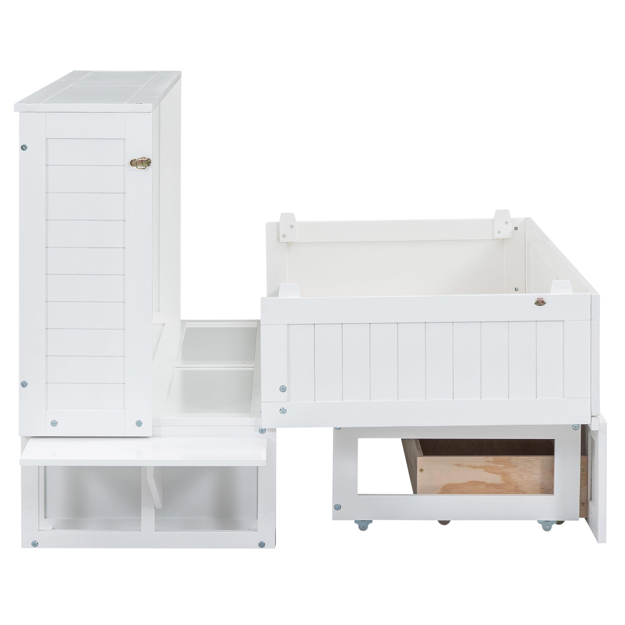 Moimhear Armario de cama móvil de 140 x 200 cm, con cajones en el extremo de la cama y pequeño estante en el lateral de la cama, cama con plataforma transformable, color blanco (140 x 200 cm)