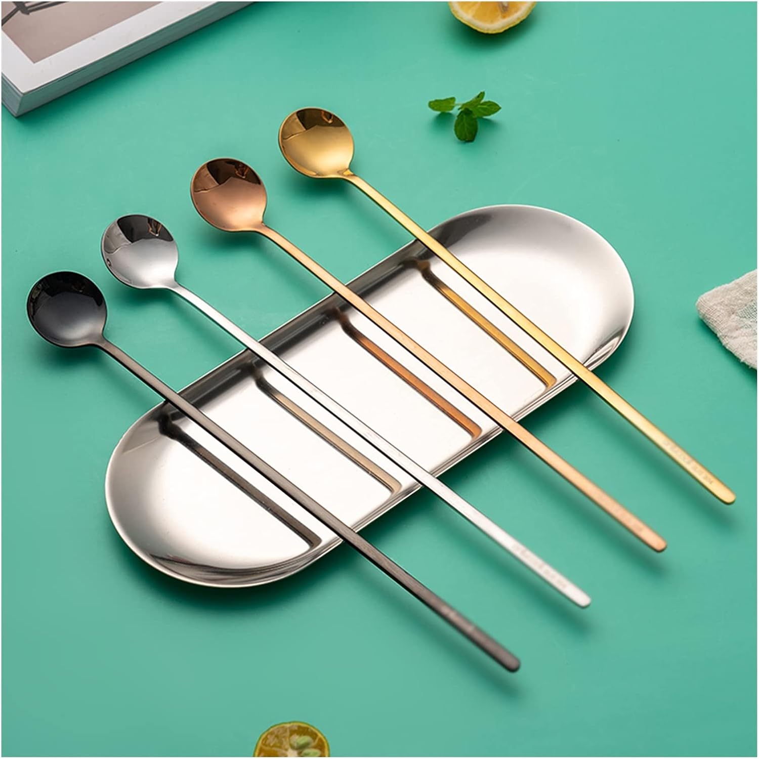 Spoon Pack of 4, Plating Stainless Steel Long Handle Mixing Dessert Spoons Coffee Spoons Set for Coffee Sugar Dessert Cake Ice Cream 9.5 Inch Soup Spoon (Color : 1) (E)