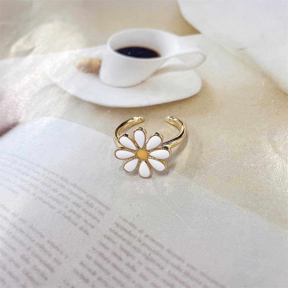 NewZenro Cute Daisy Flower Adjustable Open Ring for Women Sweet 14k Gold Plated Colorful Enamel Hypoallergenic Floral Expandable Statement Band Finger Rings Comfort Fit Dainty Trendy Jewelry Gifts