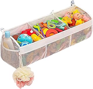 Mesh Bath Toy Organizer Extra Large Bathtub Storage Net with Compartments and Pockets for Bath Toys and Toiletries (White)