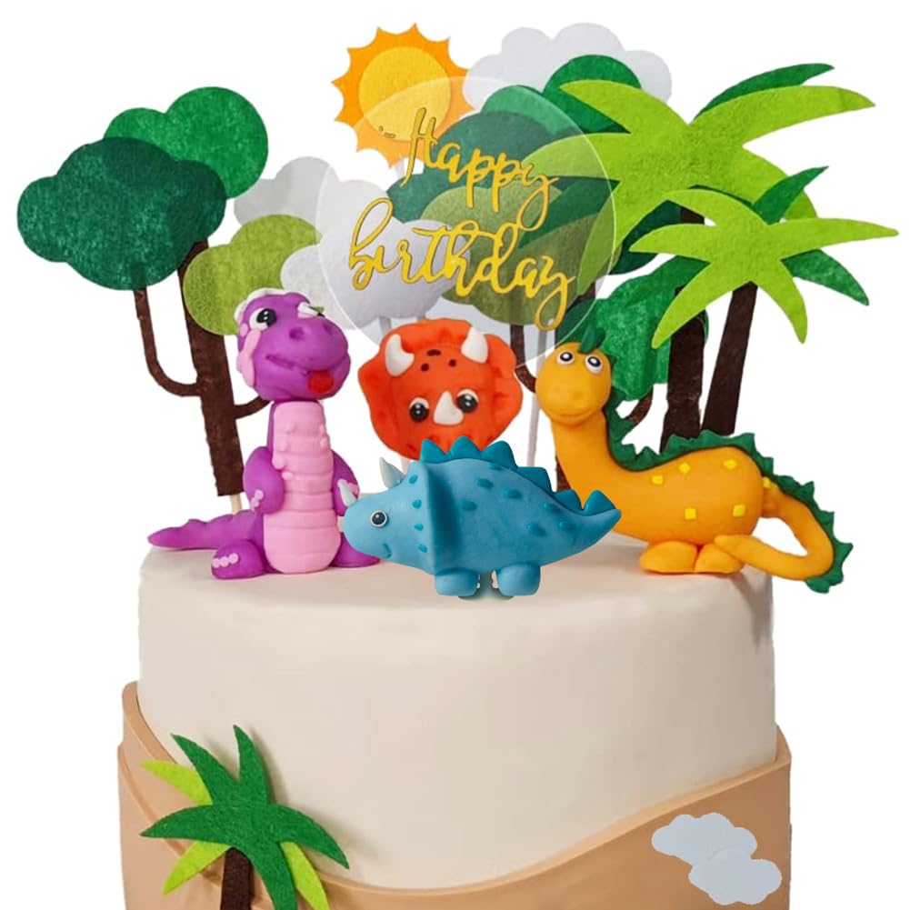 Dinosaur Cake Decorations 14 PCS 3D Dinosaur Cake Topper for Baby Shower Boys Girls Forest Animals Theme Birthday Party Decor with Happy Birthday Sign Colourful