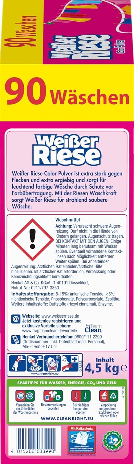 Weißer Riese Color Pulver 180 WL (2 x 90 Waschladungen), Color Waschmittel riesig stark gegen Flecken, Kalt-Aktiv schon ab 20° C, ergiebiges Waschpulver, ideal für Familien mit Kindern