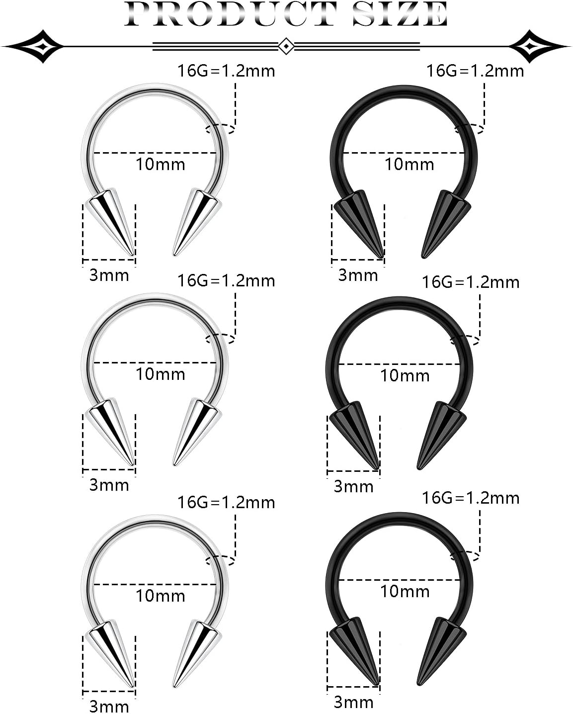 6Pcs Long Spike Septum Rings 16G Surgical Steel Snake Bite Jewelry Lip Rings Smiley Piercing Jewelry for Women Men 8mm 10mm - Image 2