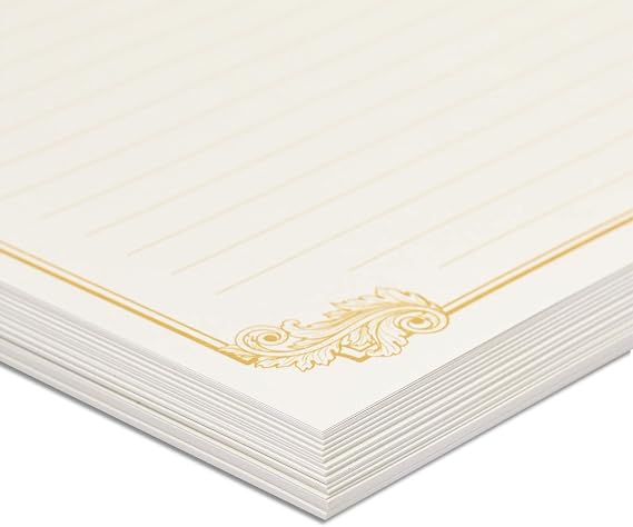 Paper Junkie Letter Paper & Envelopes Set - 60 Sheets (7.2 x 10.2 In) & 30 Ivory Envelopes (4 x 7.7 in), Gold Border, 100 GSM - Vintage Lined Stationery for Love Letters & Invitations