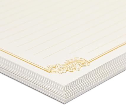 Paper Junkie Letter Paper & Envelopes Set - 60 Sheets (7.2 x 10.2 In) & 30 Ivory Envelopes (4 x 7.7 in), Gold Border, 100 GSM - Vintage Lined Stationery for Love Letters & Invitations