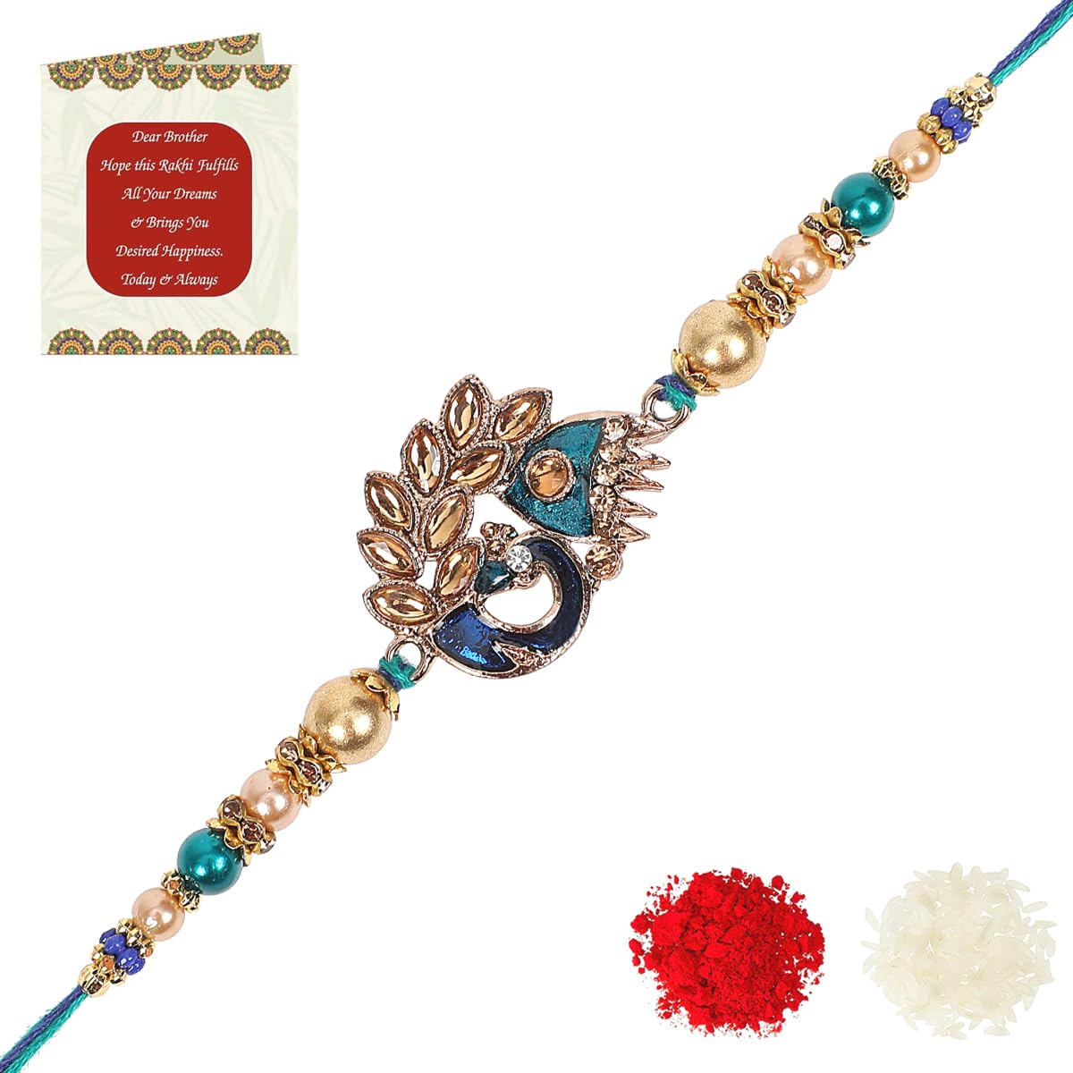 Stylish Peacock Feather and Kundan Rakhi Bracelet with Roli Chawal and Greeting Card (K2)-image-46
