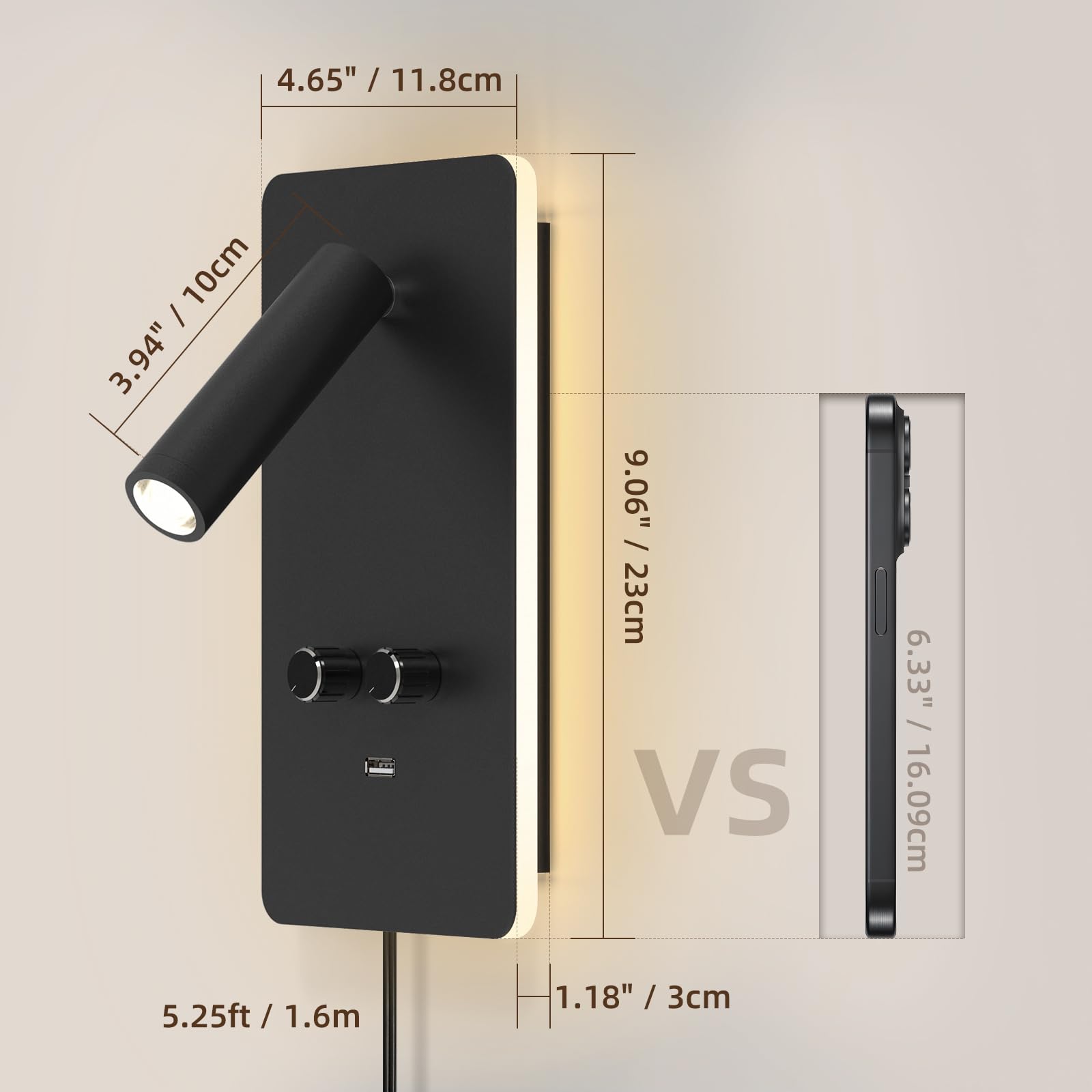 M04 Ścienna lampa do czytania z regulacją jasności (0,9-3,7W) - LED z podświetleniem 1,2-6W, port USB, do montażu na wtyczkę lub stałe podłączenie，Czarny