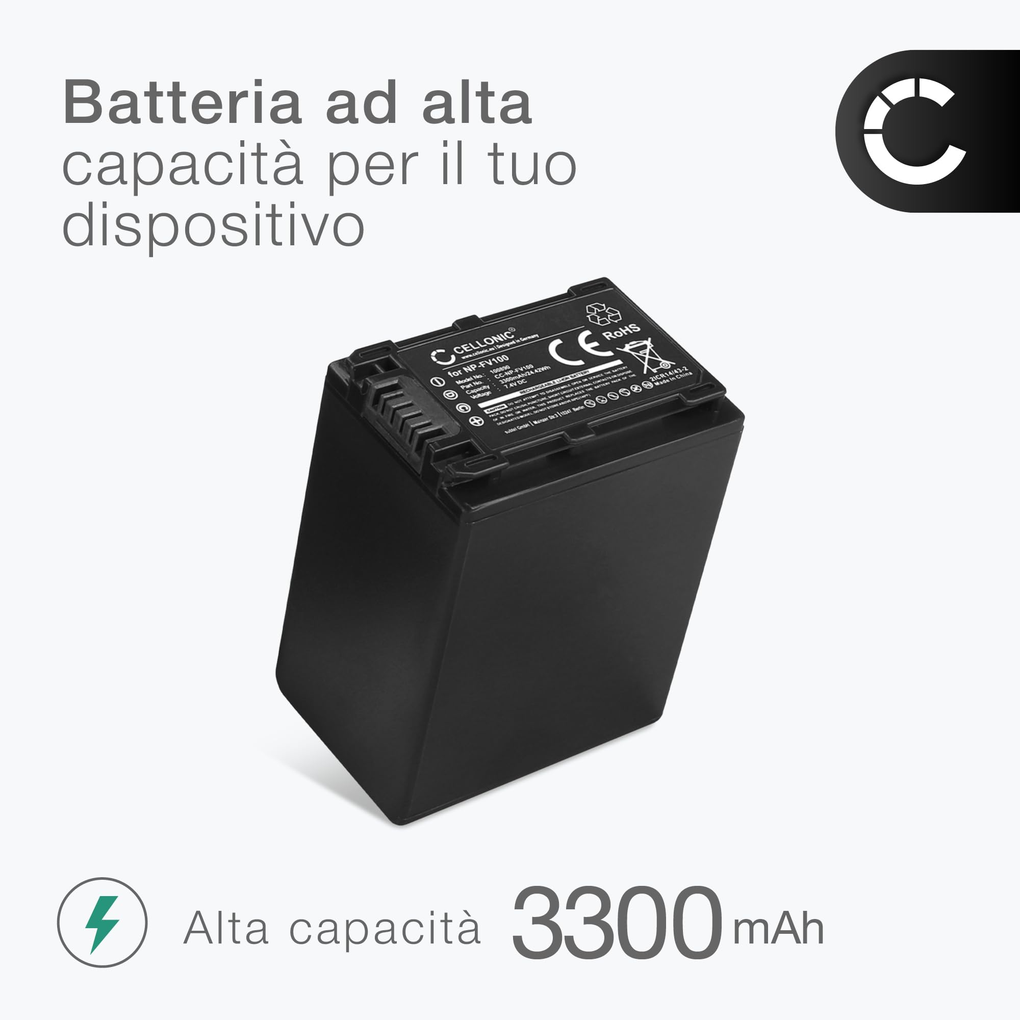 CELLONIC 1x Batteria per Fotocamera Compatibile con Sony FDR-AX33, HDR-CX250, HDR-CX270, NP-FV70 – (3300mAh, 7.4V)