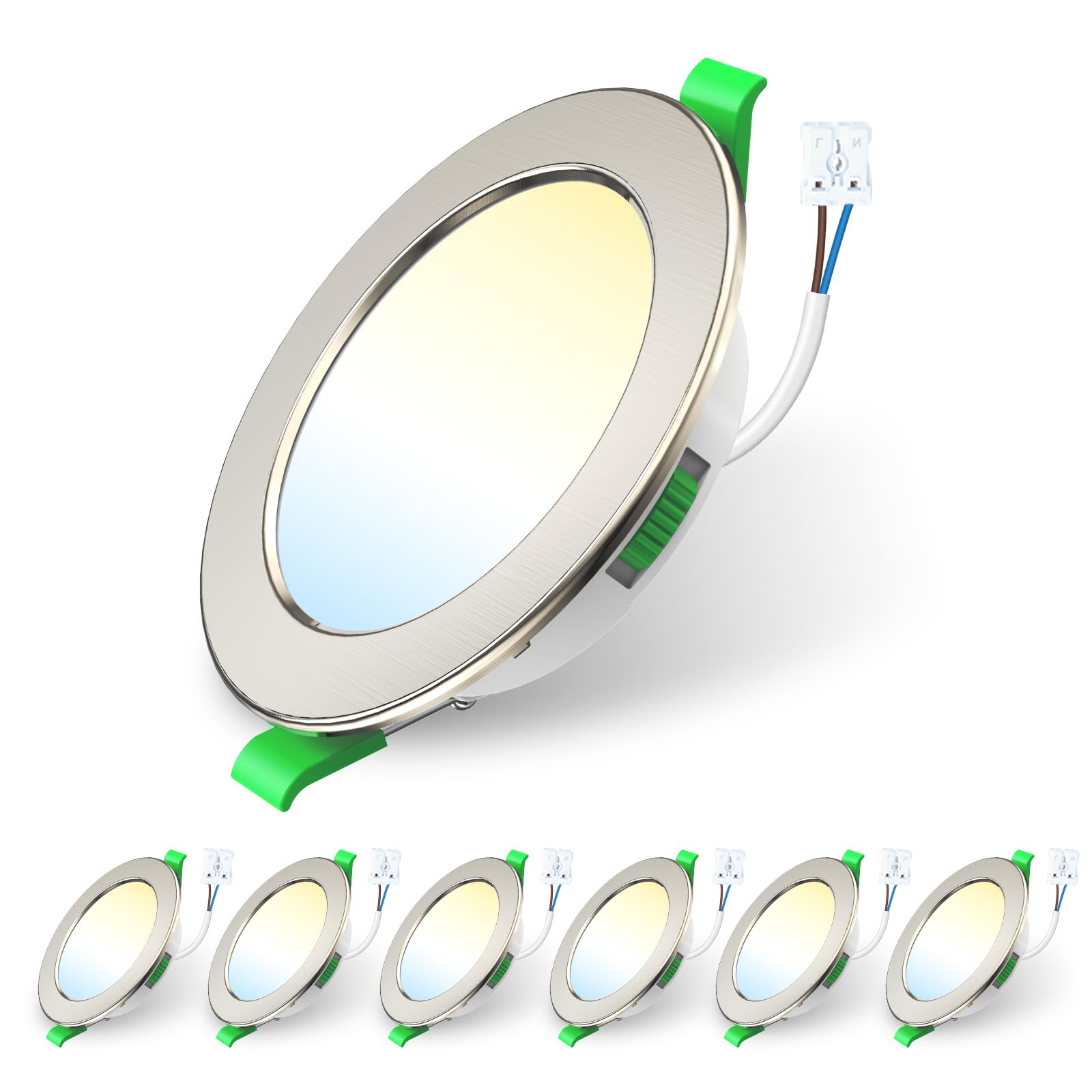 ALUSSO LIGHTING Focos Led Interior Techo,7W 550LM downlight led techo empotrable,3CCT 3000K 4000K 6500K, IP44 Corte 90-100mm, Foco Empotrable Led Techo Para baño,Cocina, dormitorio,Níquel,6 Pack