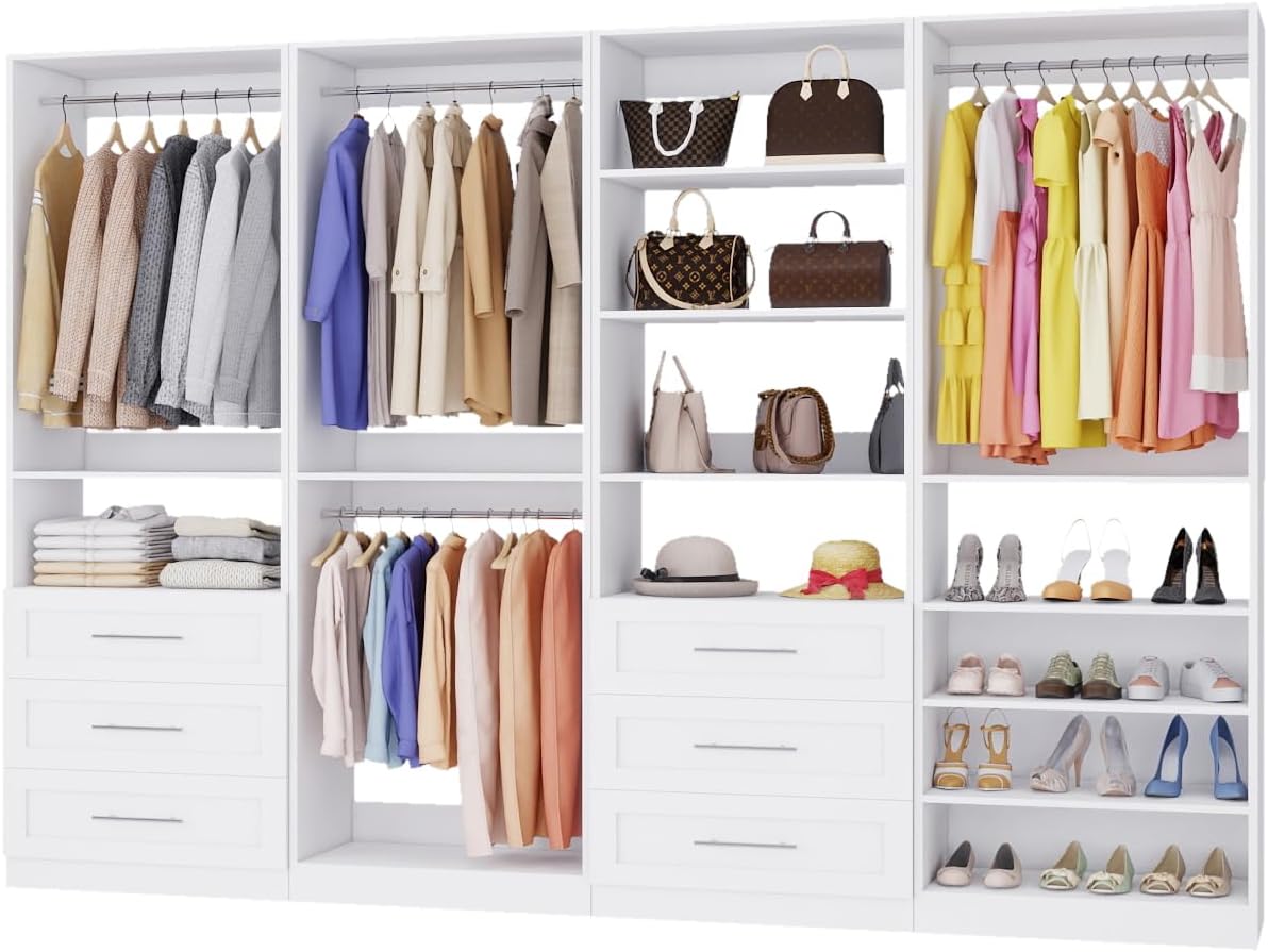 Closet System with 4 Sets, 8–18 FT Closet System with 6 Drawers, 9 Shelves & 8 Hanging Rods, Max 213″ Closet Organizer System for Walk-In Closets, Custom Modular Closet Kits with Shoe Racks, White