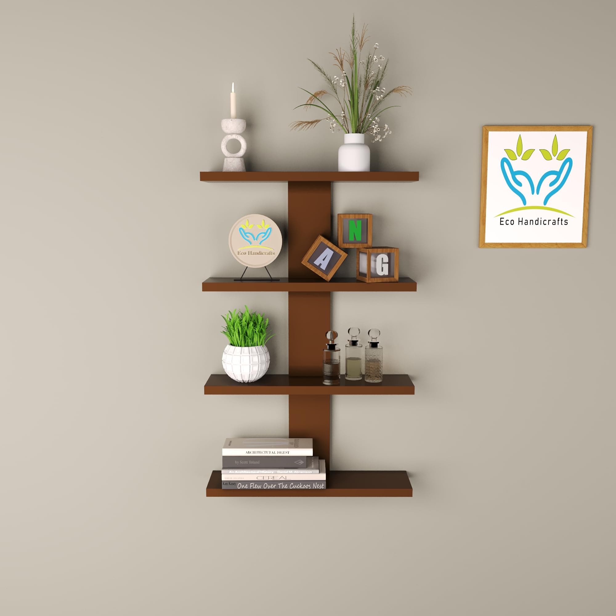 Eco Handicrafts Wooden Wall Mounted Floating Rack Shelves Book Stand Display Hanging Shelf Living Room Bedroom Storage Home Office for Decoration Showcase (Brown)-image-15