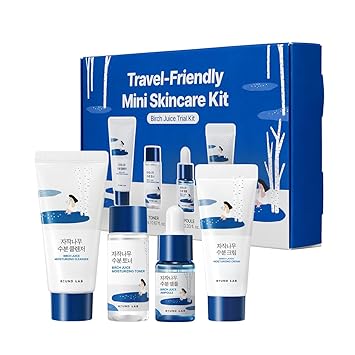 ROUND LAB Birch Juice Moisturizing Mini Kit, 4-Step Travel Size Skincare Set Cleanser, Toner, Serum, Cream, Daily Skin Care Routine Trial Kit for Acne-Prone and Sensitive Skin, Korean Skin Care