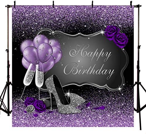 MEHOFOND Black and Purple Photo Background Props Glitter High Heels Champagne Balloons Woman Purple Rose Balloons Adult Happy Birthday Party Banner Backdrops for Photography 8x8ft