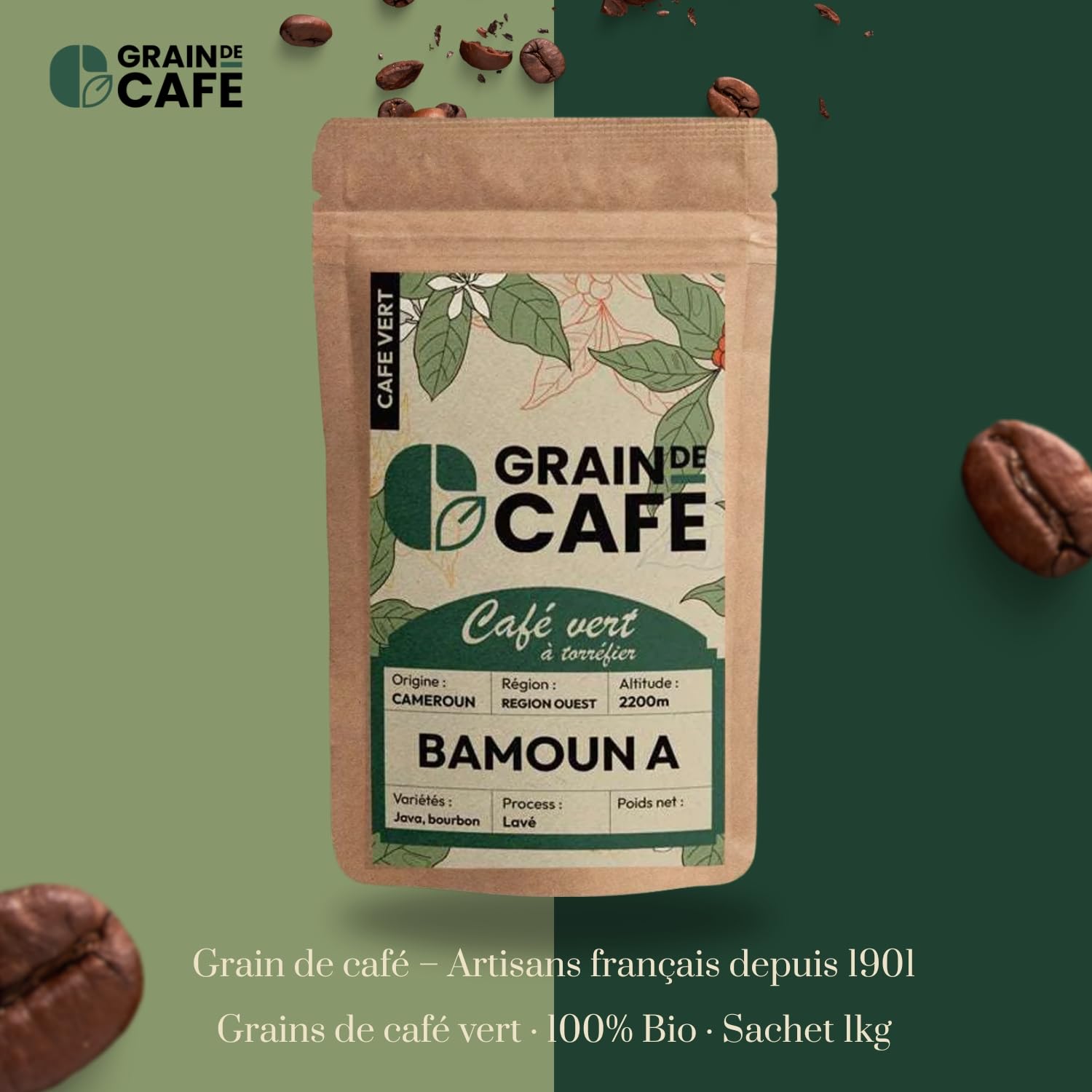 Graindecafé – Café Vert Cameroun Bamoun A 1kg | 100% Arabica Non Torréfié À Torréfier Soi-Même | Rond & Épicé | Notes De Bois & Cacao | Café Cru En Grain | Idéal Machine À Grain Une Fois Torréfié
