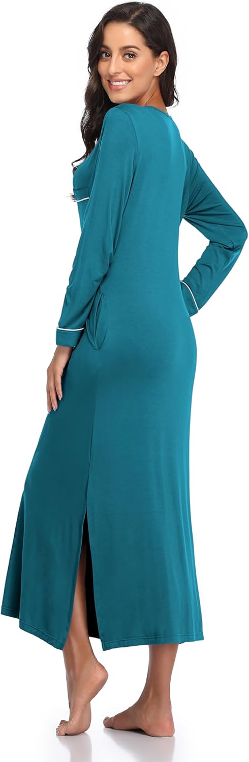 COLORFULLEAF Nightgowns for Women Long Sleeve V Neck Nightshirts Soft Full Length Sleepwear with Pockets - Image 4