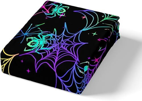 Miniatura 5 de Manfei Juego de sábanas de Halloween tamaño matrimonial, juego de sábanas de araña psicodélica, 4 piezas con sábana bajera de bolsillo profundo +