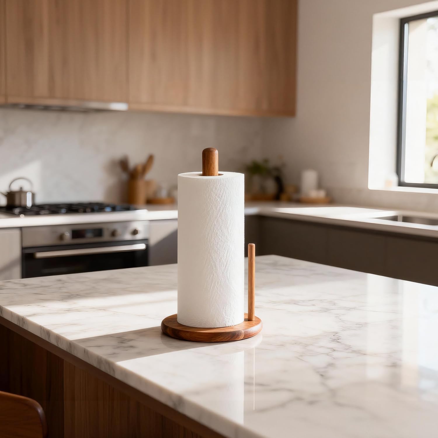 Acacia Wood Paper Towel Holder Countertop, Wooden Paper Towel Holder Thicken Base for Kitchen, Easy to Assemble, Sturdy, Durable, Natural Wood Color