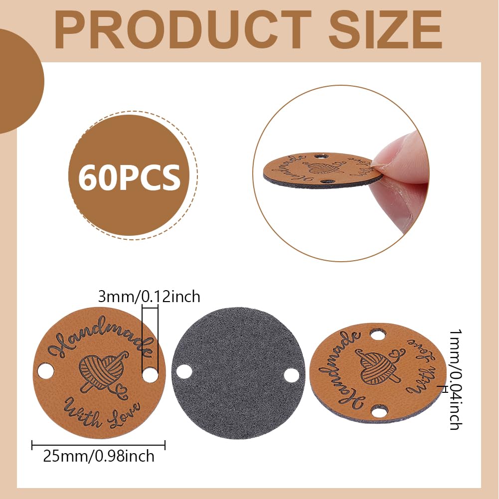 UNICRAFTALE About 60pcs Handmade Tags 25mm Round Imitation Leather Labels with Heart Crochet Tags for Handmade DIY Crafts Hats Clothing Knitting Sewing - Image 2