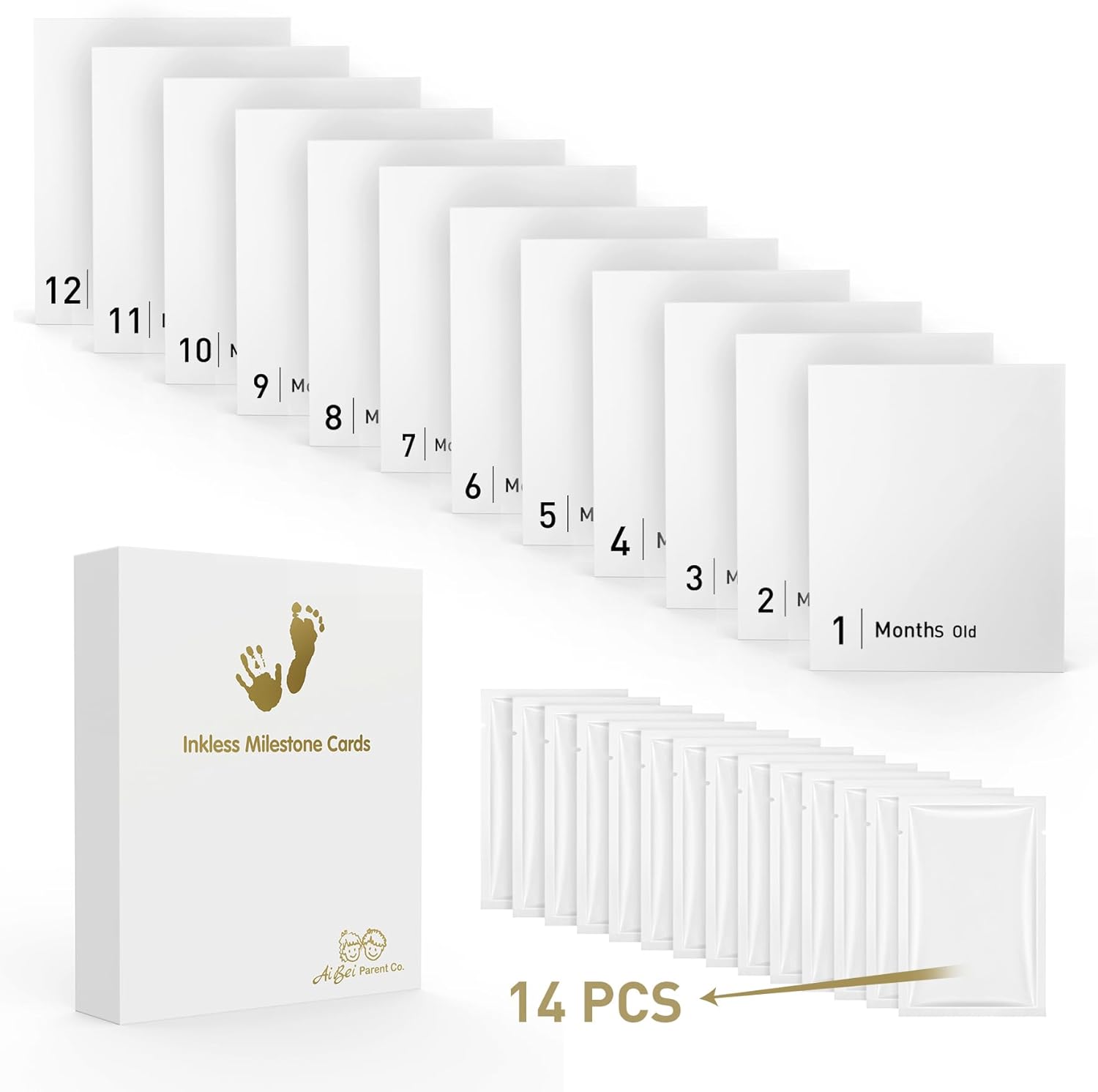 14 Sets Baby Inkless Milestone Cards,1 Month to 12 Month Hand and Footprint Kit,Newborn Safe Inkless Pad,Create Lasting Memories Perfect Souvenir Accessories(14 Ink Pad+14 Papers)