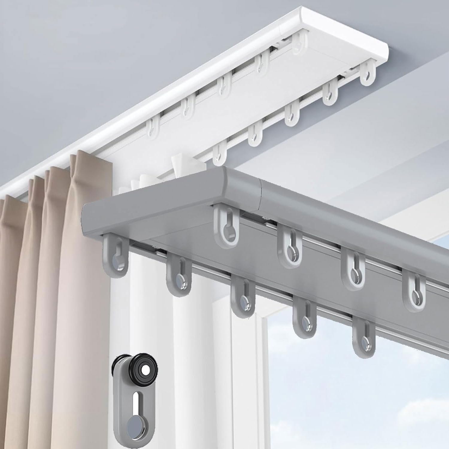 Riel de doble fila de aluminio para dormitorio con soporte de esquina de 90° y 5,9 m