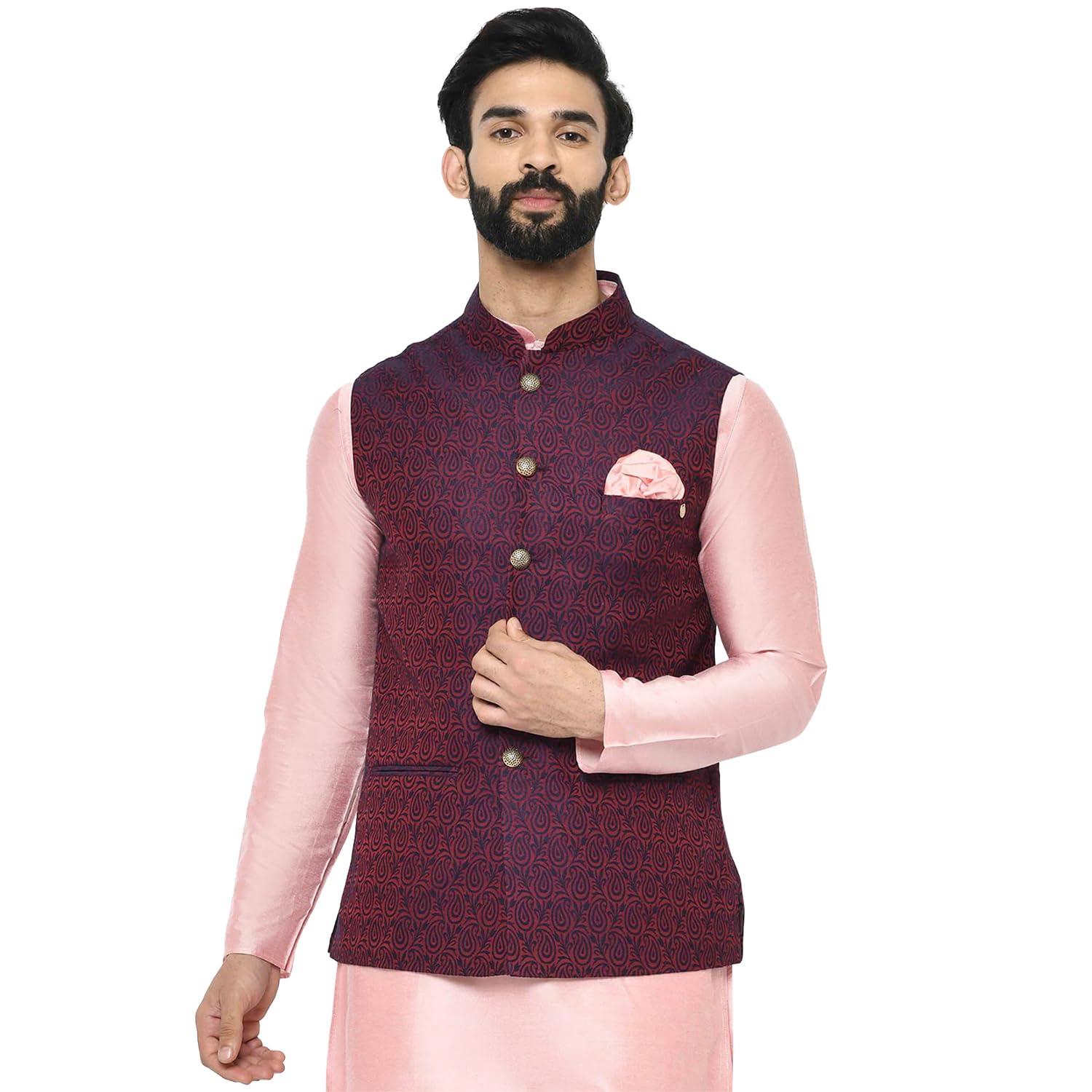 kisah Men's Nehru Jacket, Black Jacquard, Floral Regular Fit Mandarin Collar Sleeveless-picture-17