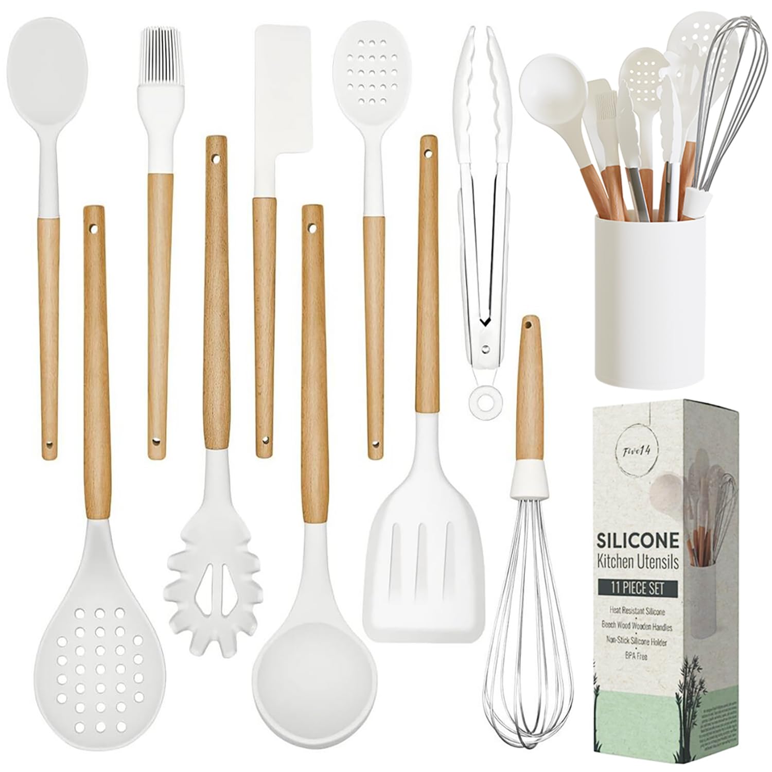 Silicone Cooking Utensils Set White–11Pcs Silicone Spatula Sets for Cooking | Kitchenware Set, BPA-Free Kitchen Utensils Set, White Spatula Set | Non Toxic Cooking Utensils Set with Utensil Holder