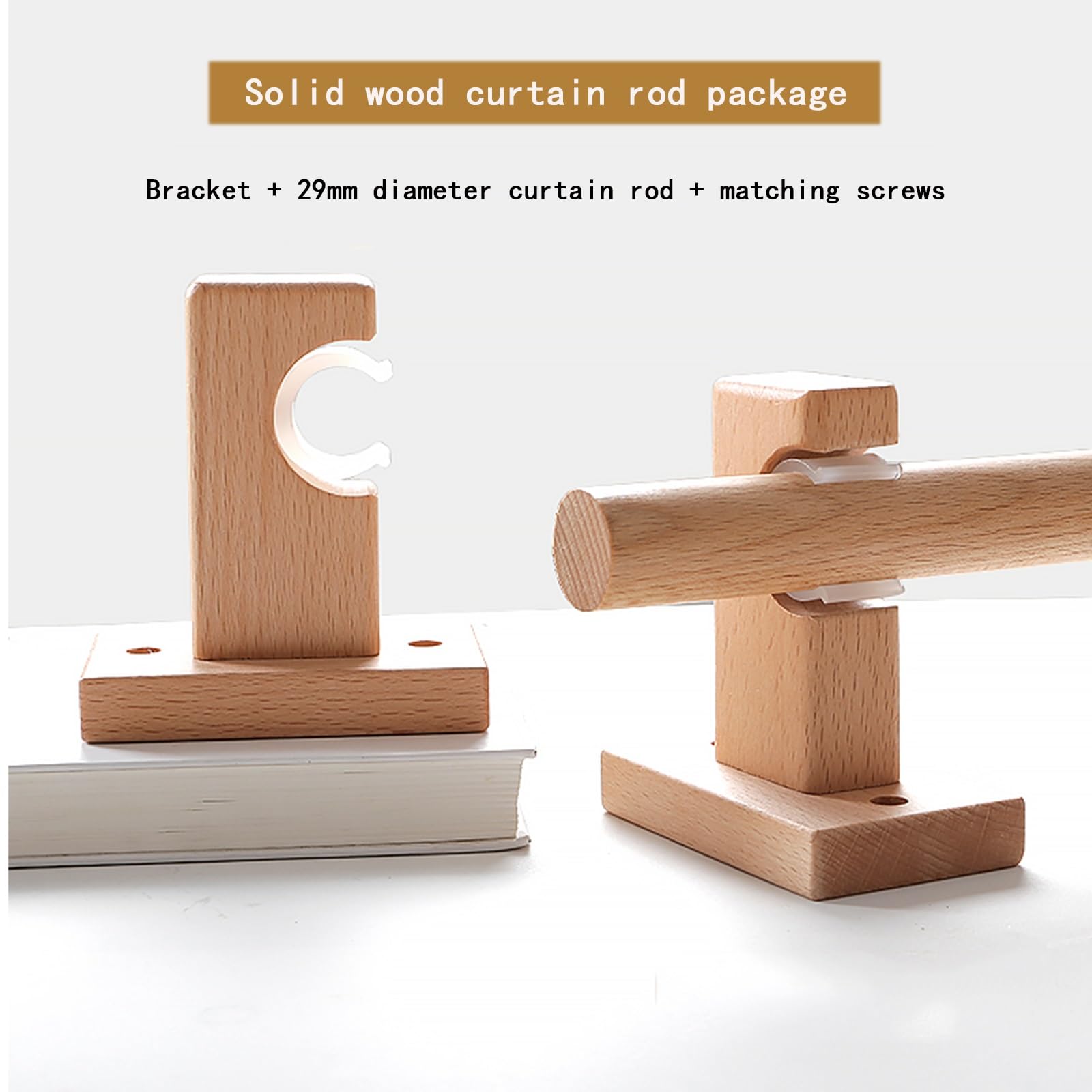 Tringle à rideaux en bois de hêtre épais avec support, 280 cm de long, avec tringle à rideaux perforée, idéale pour la décoration de la maison et le traitement des fenêtres.