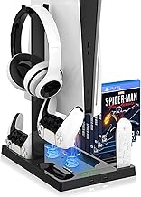 حامل عمودي من وورم كايت مع حامل سماعة رأس وقاعدة مروحة تبريد لوحدة جهاز تشغيل ألعاب الفيديو الرقمية بلاي ستيشن 5/الإصدار الرقمي، 2 شاحن وحدة تحكم، 15 فتحة لقرص الألعاب، 3 موزعات USB، و1 تخزين وسائط عن