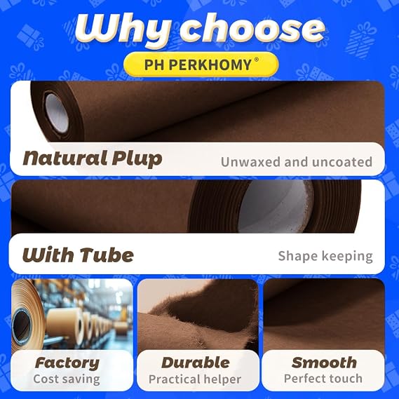 PerkHomy Coffee Kraft Paper Roll 17.5 x 760 (63') for Gift Wrapping Bouquet Flower Art Painting Craft Writing Packaging Shipping 80GSM 55LB (Coffee, 17.5 x 63')