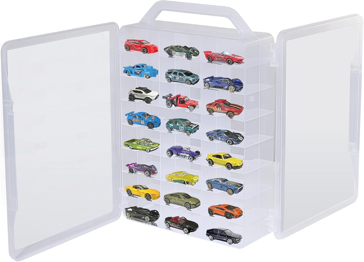 Estuche de almacenamiento de doble cara para almacenamiento de Hot Wheels con asa de transporte, caja de almacenamiento portátil de coches de juguete a escala 1/64 compatible con 92 Matchbox Hot Wheels Storage, solo estuche (paquete de 2)